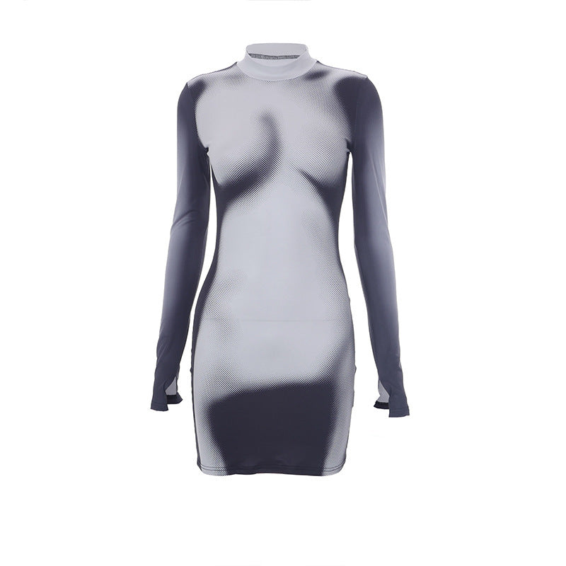 Women's Fashion Temperament Body Printed Long-sleeved Slim Round Neck Short Dresses