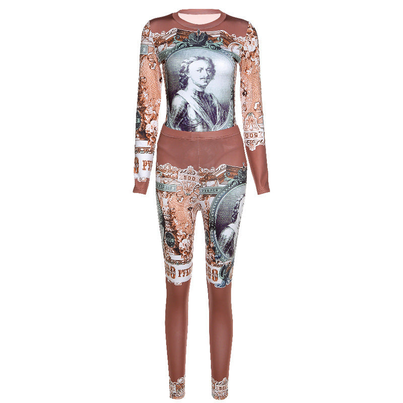 Two-Piece Printed Blouse and Trousers Printed One-Piece Top Slim Suit Women