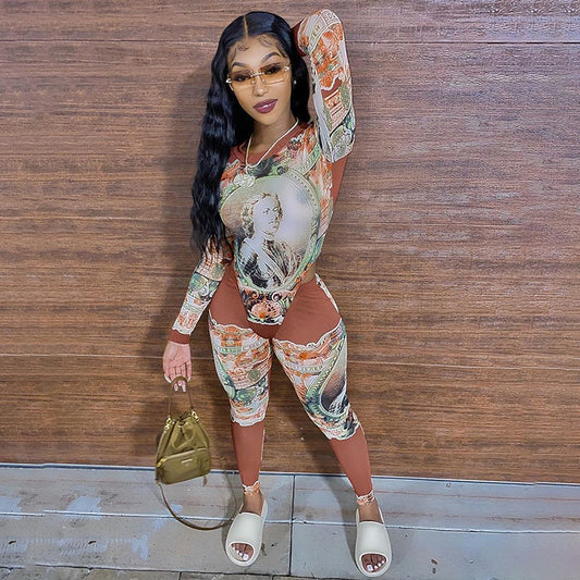 Two-Piece Printed Blouse and Trousers Printed One-Piece Top Slim Suit Women