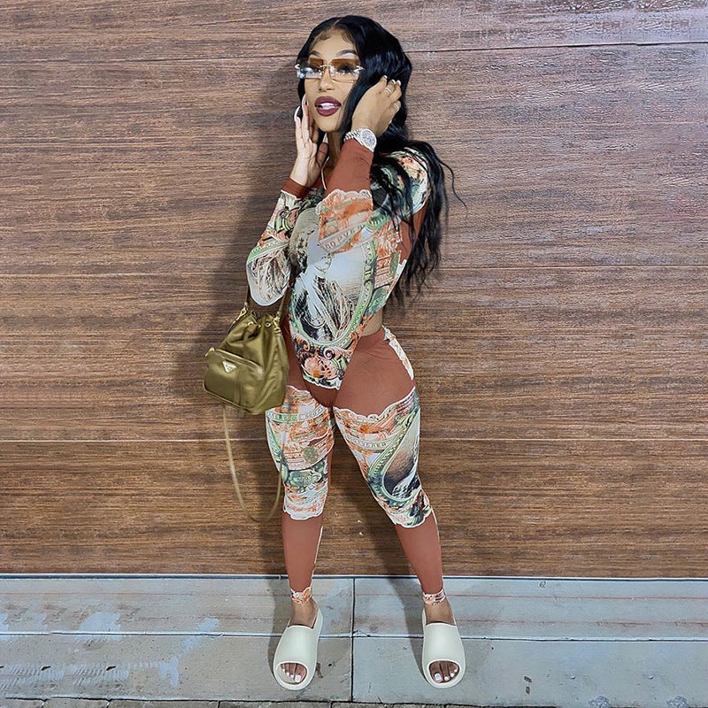 Two-Piece Printed Blouse and Trousers Printed One-Piece Top Slim Suit Women