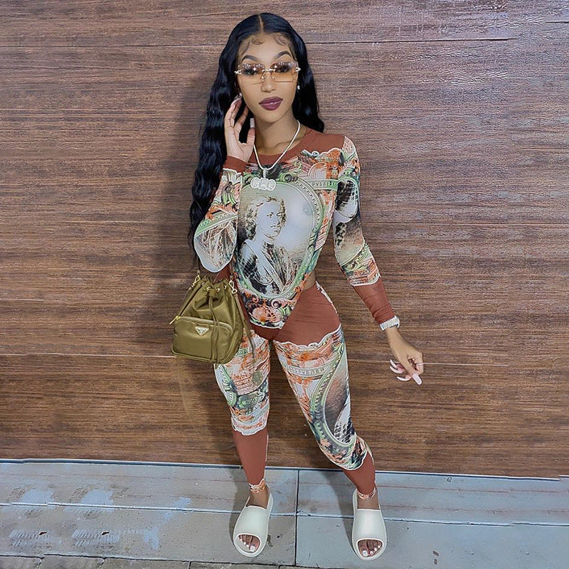 Two-Piece Printed Blouse and Trousers Printed One-Piece Top Slim Suit Women