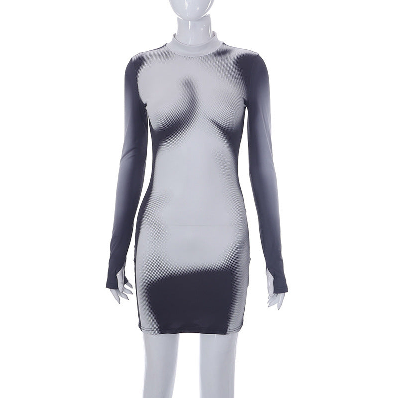 Women's Fashion Temperament Body Printed Long-sleeved Slim Round Neck Short Dresses